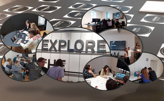 groups of students working on their case studies