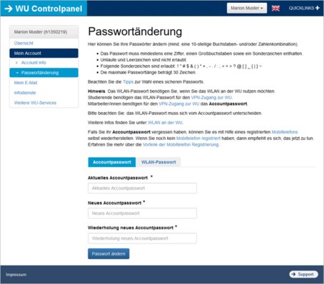 Seite "Passwortänderung" im Controlpanel