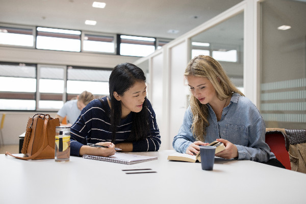 2 students sit at a table and study. In front of them is a pad of paper on which they take notes