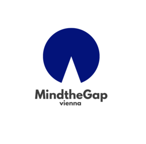a dark blue circle with a wedge-shaped section removed, resembling a pie chart with one slice cut out. The text “Mind the Gap Vienna” appears below the symbol.