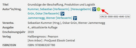 Screenshot WU Katalog mit ORCID-Symbol