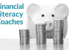 Picture representing Financial Literacy Coaches with a piggy bank and 3 coin stacks
