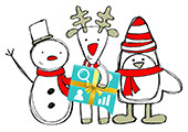 a festive cartoon showing a snowman and a penguin with the mcore logo wrapped as a present 