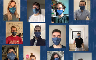 12 portrait photos of people wearing a Covid mask releated to the topic of distance teaching