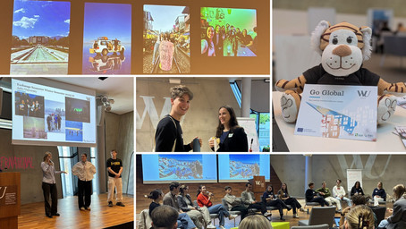 Collage of the past Go Global event (exchange photos by students, speakers on stage, the WU tiger plushie holding a Go Global card)
