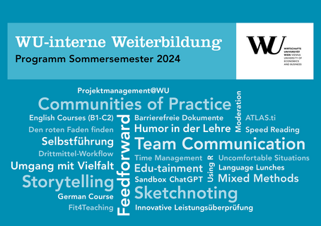 Postcard for the in-house training program for the 2024 summer semester: The workshop titles are shown in a tag cloud on a blue background. External link to the platform my.km