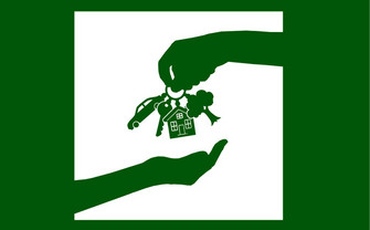 white and green illustration of a hand dropping a keychain with a key, a car, a house and a tree into a waiting hand 