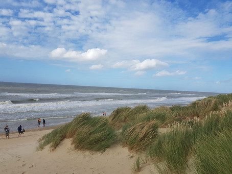 In this picture, you see a dune with little vegetation. The sky is partially filled with clouds.