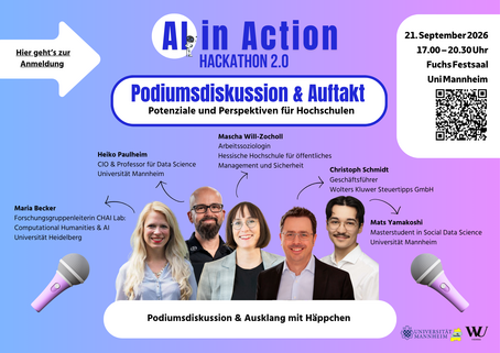 Die Einladung zur AI in Action Podiumsdiskussion zeigt Fotos der Podiumsteilnehmenden und die Eckpunkte der Veranstaltung.