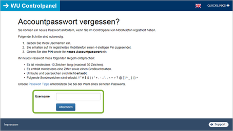 Passwort zurücksetzen (Schritt 2): Username eingeben