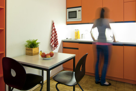 OeAD Housing. In this picture, we see the kitchen of an OeAD residence hall for students. A woman is preparing food.