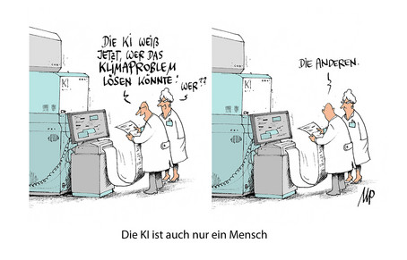 Karikatur: Zwei Forscher*innen stehen vor einem riesigen Computer und sind stolz darauf, dass die KI herausgefunden hat, wer das Klimaproblem lösen kann. Die Antwort ist: die Anderen.