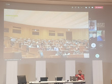 Event hall with a video screen in use