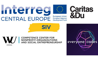Logos Interreg SIV, Caritas, WU, everyone codes