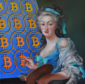 Gemälde von Naomi Devil. Eine Malerin vor ihrer Staffelei. Sie malt Bitcoin-Logos