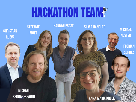 Das Projektteam hinter dem AI in Action Hackaathon: Christian Queva, Stefanie Mott, Hannah Frost, Silvia Handler, Michael Nuster, Florian Scholz, Michael Bednar-Brandt, Anna-Maria Krulis.