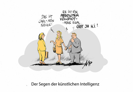 Karikatur: Eine Frau stellt einer anderen ihren neuen Freund vor. Sie meint, er wäre nicht intelligent, aber dafür gäbe es ja KI.