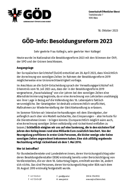 GÖD-Info zur Besoldungsreform