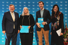 Photo of the award ceremony, vice rector Winner, Renate Meyer, Stephan Leixnering and vice rector Kamleitner