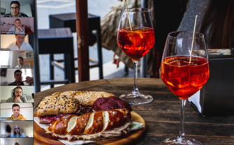 2 glasses of wine and food on a wooden plate as a background image in a virtual meeting