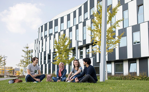 Studierende sitzen in der Wiese vor dem D4