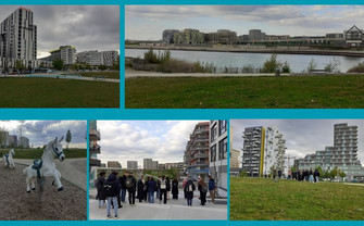 a collage of students walking and a few buildings in Seestadt Aspern