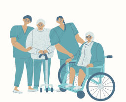 Zwei Pflegekräfte mit einer Person im Rollstuhl und einer Person mit einem Stock.