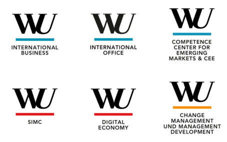 Beispiele für WU Social Media Logos: oben ist das WU Logo darunter ein Strich in türkis (Institute), orange (Bachelorprogramme) oder rot (Masterprogramme). Unter dem Strich ist der Name des Instituts oder Programms.