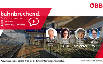 An ÖBB promotional picture of a train station with photos of participants in a panel discussion