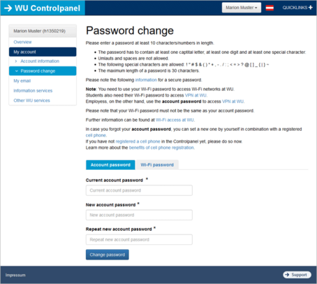 Page "Password change" in the Controlpanel application