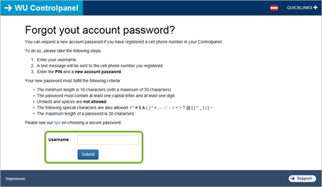Password reset (step 2): Enter your username and click Submit