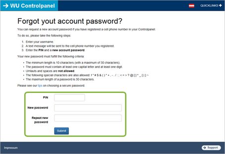 Password reset (step 3): Enter PIN and new account password, click Submit