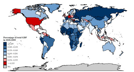 Weltkarte eingefärbt nach Anteil der Kosten für Diabetes an BIP