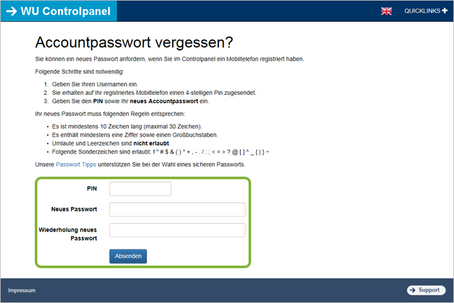 Passwort zurücksetzen (Schritt 3): PIN und neues Passwort eingeben