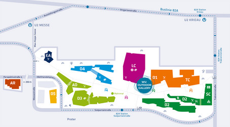 Plan des Campus WU mit eingezeichneter Ausstellung: Sie befindet sich zwischen den Gebäuden LC und D1.