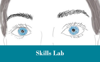 Illustration Frau mit großen blauen Augen und ein Banner "Skills Lab"