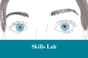 Illustration of a woman with large blue eyes and a banner reading “Skills Lab”