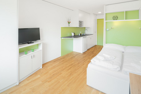 Some rooms are painted in a bright green.