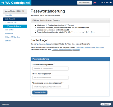 Seite "Passwortänderung" im Controlpanel