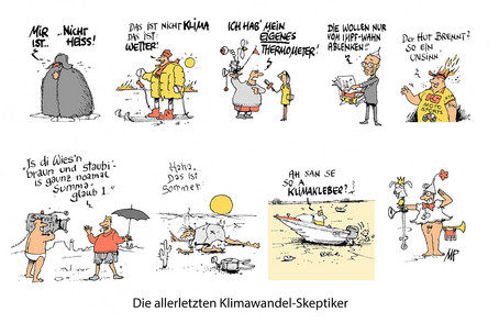 Die Karikatur zeigt, wie Klimaskeptiker weiter behaupten, das sei ein ganz normaler Sommer.