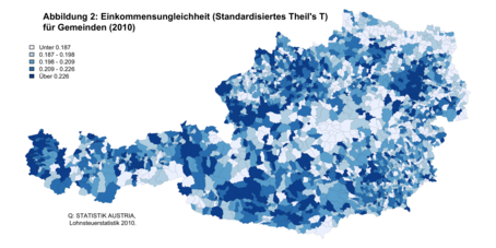 Einkommensungleichheit für Gemeinden in Österreich (Standardisiertes Theils T.)