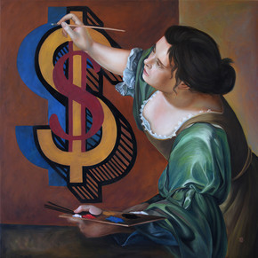 Ein Gemälde von Naomi Devil. Es zeigt die Malerin Artemisia, die ein Dollarzeichen malt.