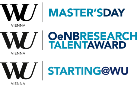 Beispiele für Projektlogos der WU: Links ist ein WU Vienna-Logo, daneben ein schwarzer Strich und der Projektname in zwei verschiedenen Blautönen.