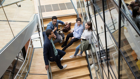 Students are in the staircase and have a chat. They are talking about the double degree programs at WU.