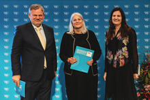 Photo of the award ceremony, vice rector Winner, Renate Meyer and vice rector Kamleitner