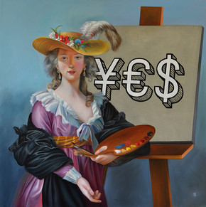 Gemälde von Naomi Devil. Eine Malerin vor ihrer Staffelei. Sie malt die Zeichen für Yen, Euro und Dollar. Zusammen ergeben sie das Wort "Yes".
