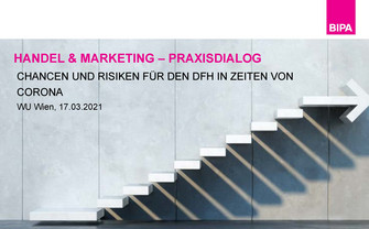 Screenshot of the first presentation slide of the guest lecture of BIPA: The picture shows the title „Retailing & Marketing – Expert Talk: Chanes and risk for drug store retailing in times of Covid“ and an abstract stairway with an arrow. 