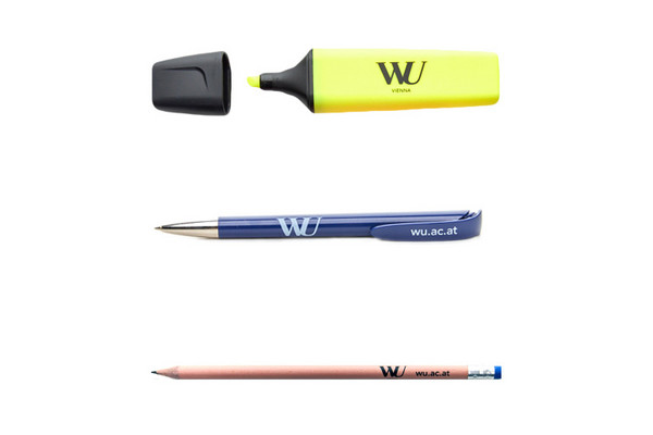 Kugelschreiber, Bleistift und Textmarker im WU-Design