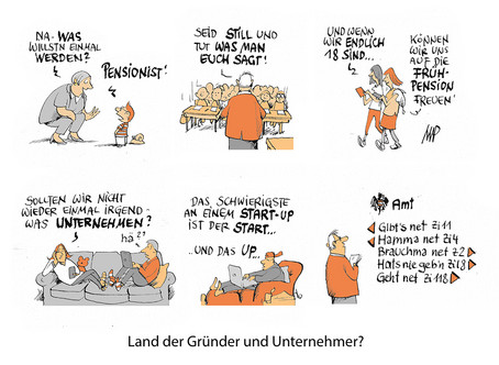 Eine Karikatur, die zeigt, warum Österreich kein Land der Gründer und Unternehmerist.