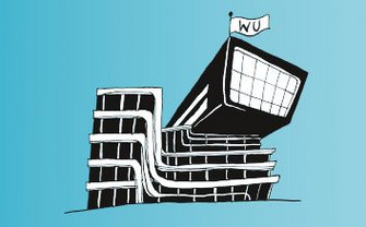 Comic-Zeichnung des WU Bibliotheksgebäudes mit hellem Hintergrund